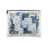 Borsa cosmetica floreale vintage, borsa per trucco botanica blu per viaggi, organizer portatile in tela con cerniera, borsa da toilette primaverile per la cura della pelle, Blu, 7x9 Inch, floreale