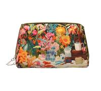 Borsa cosmetica in pelle con centinaia di fiori, borsa da toilette da viaggio impermeabile con cerniera, set di borse per cosmetici da donna, marrone, bianco, Taglia unica