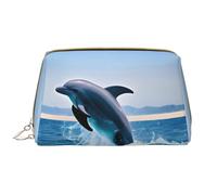 Borsa cosmetica in pelle con delfini che saltano su, borsa da viaggio impermeabile con cerniera, set di borse per cosmetici da donna, marrone, bianco, Taglia unica