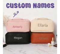 Borsa cosmetica in pelle con nome ricamato personalizzato, borsa da toilette monogramma di grande capacità, regalo per damigella d'onore, regalo per addio al nubilato, custodia da viaggio per il trucc