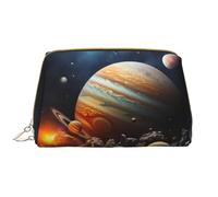 Borsa cosmetica in pelle con pianeti nel sistema solare, borsa da toilette da viaggio impermeabile con cerniera, set di borse per cosmetici da donna, marrone, bianco, Taglia unica