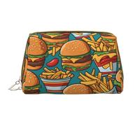 Borsa cosmetica in pelle per hamburger e patatine fritte, borsa da toilette da viaggio impermeabile con cerniera, set di borse per cosmetici da donna, marrone, bianco, Taglia unica