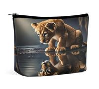 Borsa cosmetica in pelle PU con riflesso di un cucciolo di leone, astuccio da viaggio portatile con cerniera, graziosa trousse da toilette, per ragazze, donne e mamme.