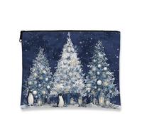 Borsa cosmetica invernale, con alberi di Natale e pinguini, borsa da viaggio per donne, piccola borsa portatile in tela con cerniera, borsa da toilette per le vacanze, Blu navy, 7x9 Inch, Cosmetici