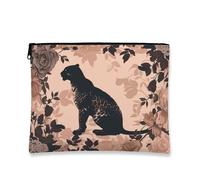 Borsa cosmetica leopardata floreale, astuccio per trucco vintage con rosa per donne, organizer portatile in tela con cerniera, borsa da viaggio primaverile, Pesca, 7x9 Inch, Leopardo