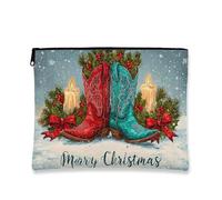 Borsa cosmetica Merry Christmas, borsa da viaggio per donne, con stivali da cowboy rossi e blu, piccola borsa portatile in tela con cerniera, borsa da toilette per festival invernali, Rosso e blu