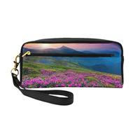 Borsa cosmetica multifunzionale in pelle con stampa paesaggistica di montagna con fiori viola natura, Nero , Taglia unica