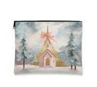 Borsa cosmetica natalizia, borsa cosmetica invernale floreale per donne, organizer portatile con cerniera in tela, Pesca, 7x9 Inch, Chiesa