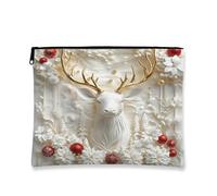 Borsa cosmetica natalizia con cervo, elegante astuccio floreale per il trucco da donna, organizer portatile in tela con cerniera, borsa da toilette invernale per la cura della pelle, bianco, 7x9 Inch