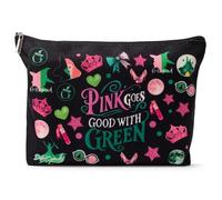 Borsa cosmetica nera ispirata a 'Wicked' con giocoso design rosa e verde Borsa cosmetica da donna con cerniera, perfetta per gli appassionati della moda musicale e teatrale, nero