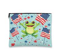 Borsa cosmetica patriottica a forma di rana, con bandiera degli Stati Uniti, gioiosa borsa per il trucco da donna, piccola borsa portatile in tela con cerniera, regalo per festival estivi per la cura