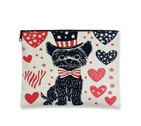 Borsa cosmetica patriottica, borsa per trucco con cerniera in tela per il giorno dell'indipendenza del cane Yorkie, regalo portatile da viaggio, nero, 7x9 Inch, Cane