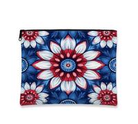 Borsa cosmetica patriottica con fiori, organizer da viaggio per trucco con motivo rosso e blu, piccola borsa portatile in tela con cerniera, regalo estivo per il 4 luglio, borsa da toilette per la