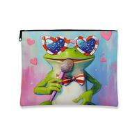 Borsa cosmetica patriottica con rana e cuore per occhiali da sole retrò pop art da viaggio borsa per il trucco da donna, piccola borsa portatile in tela con cerniera, regalo estivo per articoli da