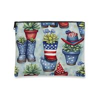 Borsa cosmetica patriottica, organizer da viaggio per trucchi americani, piccola borsa in tela con cerniera, regalo estivo per il giorno dell'indipendenza, Blu, 7x9 Inch, Piante grasse