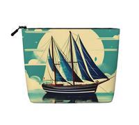 Borsa cosmetica per uso quotidiano con nave a vela e paesaggio, in canapa finta, grande organizer per articoli da toeletta da viaggio, resistente all'acqua