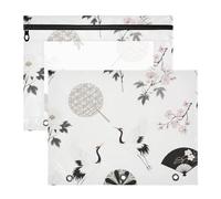 Borsa cosmetica portatile 3 anelli tasca per 3 anelli raccoglitore 2 Pack insegnante ufficio grigio gru fiore ventaglio cartella per documenti