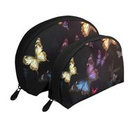 Borsa cosmetica portatile con bandiera canadese, organizer da viaggio con cerniera e scomparti interni, Farfalle su sfondo nero, Taglia unica