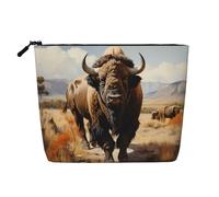 Borsa cosmetica portatile con cerniera, accessorio da viaggio, in simil lino stampato a strato singolo con mandria di bisonti nordamericani