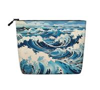 Borsa cosmetica portatile con cerniera, accessorio da viaggio, in simil lino stampato a strato singolo, con onde in stile Ukiyo-e