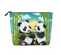 Borsa cosmetica portatile con cerniera, accessorio da viaggio, in simil lino stampato con un solo strato, due panda felici