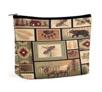Borsa cosmetica portatile con motivo a quadri rustico Western Country, cabina Wild Bear, borsa portaoggetti multifunzione in PU, organizer per cancelleria con cerniera per ufficio, stile Reunion