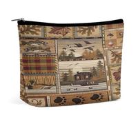 Borsa cosmetica portatile con motivo a quadri rustico Western Country, cabina Wild Bear, multifunzione, in PU, per il trucco, organizer per cancelleria con cerniera per riunioni in ufficio