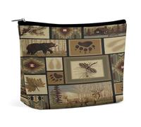 Borsa cosmetica portatile con motivo a quadri rustico Western Country, cabina Wild Bear, multifunzione, in PU, per il trucco, organizer per cancelleria con cerniera per riunioni in ufficio
