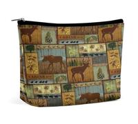 Borsa cosmetica portatile con motivo a quadri rustico Western Country, cabina Wild Bear, multifunzione, in PU, per il trucco, organizer per cancelleria con cerniera per riunioni in ufficio