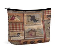 Borsa cosmetica portatile con motivo a quadri rustico Western Country, cabina Wild Bear, multifunzione, in PU, per il trucco, organizer per cancelleria con cerniera per riunioni in ufficio