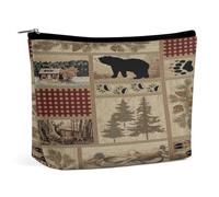 Borsa cosmetica portatile con motivo a quadri rustico Western Country, cabina Wild Bear, multifunzione, in PU, per il trucco, organizer per cancelleria con cerniera per riunioni in ufficio