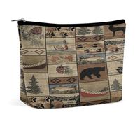 Borsa cosmetica portatile con motivo a quadri rustico Western Country, cabina Wild Bear, multifunzione, in PU, per il trucco, organizer per cancelleria con cerniera per riunioni in ufficio