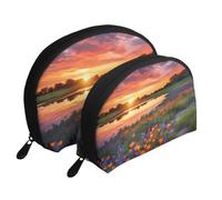 Borsa cosmetica portatile con motivo cucciolo di bandiera USA, organizer da viaggio con cerniera e scomparti interni, Texas Bluebonnets Scenario, Taglia unica