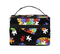Borsa cosmetica portatile da viaggio con stampa a forma di cuore con puzzle per la consapevolezza dell'autismo, Nero , Taglia unica