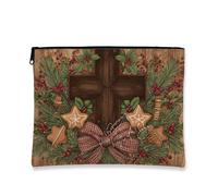 Borsa cosmetica rustica a forma di croce, borsa vintage per trucco da donna, organizer portatile in tela con cerniera, borsa da toilette natalizia per la cura della pelle, Marrone, 7x9 Inch, Croce