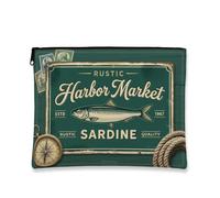 Borsa cosmetica rustica vintage, borsa da viaggio con stampa sardina verde, organizer portatile con cerniera in tela, Verde, 7x9 Inch, Mercato