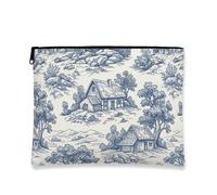 Borsa cosmetica rustica vintage, borsa per il trucco con stampa di campagna blu per donne, organizer portatile in tela con cerniera per viaggi, borsa da toilette primaverile per la cura della pelle