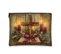 Borsa cosmetica rustica vintage, con croce e candela, borsa per trucco da donna, organizer portatile con cerniera, borsa da viaggio per la cura della pelle natalizia, Marrone, 7x9 Inch, Croce