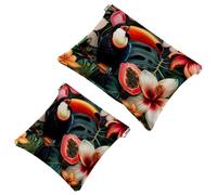 Borsa cosmetica tascabile con chiusura a pressione, fiori esotici tropicali con tucano impermeabile, borsa da viaggio per il trucco, portatile, senza cerniera, da donna, Multi, 7.1x5.8 inch/4.7x4.5