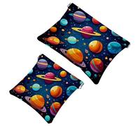 Borsa cosmetica tascabile, con parte superiore schiacciabile, con pianeti carini e sistema solare, con motivo a stelle, impermeabile, da viaggio, per il trucco, portatile, senza cerniera, da donna,