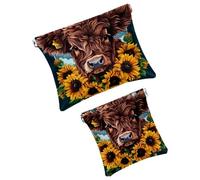 Borsa cosmetica tascabile per borse, piccola borsa per il trucco in pelle, portatile, senza cerniera, portamonete e gioielli, motivo: mucca toro, girasole, Multicolore 20, Small and Large, Art Deco