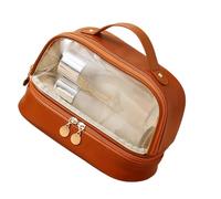 Borsa cosmetica trasparente a doppio strato per trucco cosmetico custodia per donne/ragazze portatile da viaggio beauty case trasparenti con cerniera, Marrone moka, Bellezza di massa