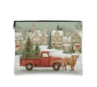 Borsa cosmetica vintage a forma di camioncino natalizio, borsa per trucco rustica con villaggio innevato per donne, organizer portatile in tela con cerniera, borsa da toilette per la cura della, Rosso