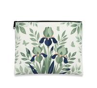 Borsa cosmetica vintage botanica, astuccio per trucco floreale con iris verde, organizer portatile in tela con cerniera, borsa da viaggio per la cura della pelle primaverile, Verde, 7x9 Inch, Iris