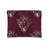 Borsa cosmetica vintage, con campane e bacche, borsa da viaggio per le donne, piccola borsa portatile in tela con cerniera, borsa da toilette natalizia per la cura della pelle, Borgogna, 7x9 Inch