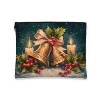 Borsa cosmetica vintage, con campanelle e agrifoglio, per donne, portatile, in tela, con cerniera, borsa da toilette per le vacanze, Verde, 7x9 Inch, Campane