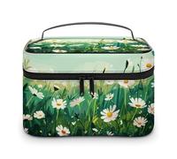 Borsa cosmetica vintage con poster di margherite bianche, per donna, da viaggio, per il trucco, per la cura della pelle, organizer per articoli da toeletta, da uomo, per le vacanze, in morbida pelle