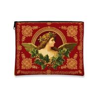 Borsa cosmetica vintage, design retrò con angelo, borsa per trucco da donna, piccola borsa portatile in tela con cerniera, borsa da toilette per la cura della pelle delle vacanze, Rosso, 7x9 Inch