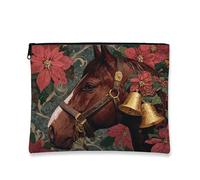 Borsa cosmetica vintage floreale, borsa con design a cavallo con campane, organizer portatile per articoli da toeletta per donne, borsa per il trucco per le vacanze, Rosso, 7x9 Inch
