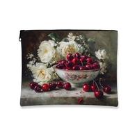 Borsa cosmetica vintage floreale, con rose bianche e ciliegie antiche, astuccio da viaggio con cerniera per donne, piccolo organizer portatile, borsa da toilette regalo primaverile per festival per la